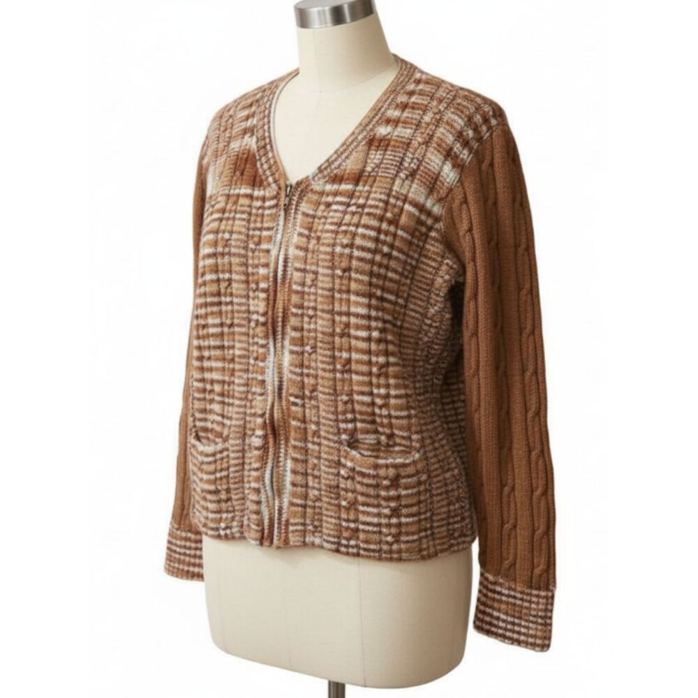 Vintage Handmade 70s Brown Plaid Chunky Knit Zip Cardigan Sweater LG